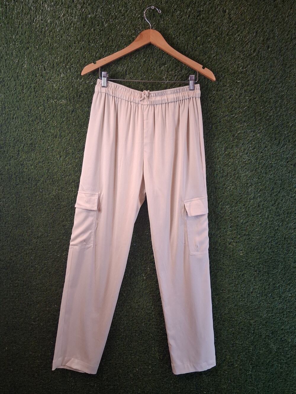 WAYF Layla Cargo Pants Beige Slinky Twill Wide Leg High Rise Drawstring Size M
